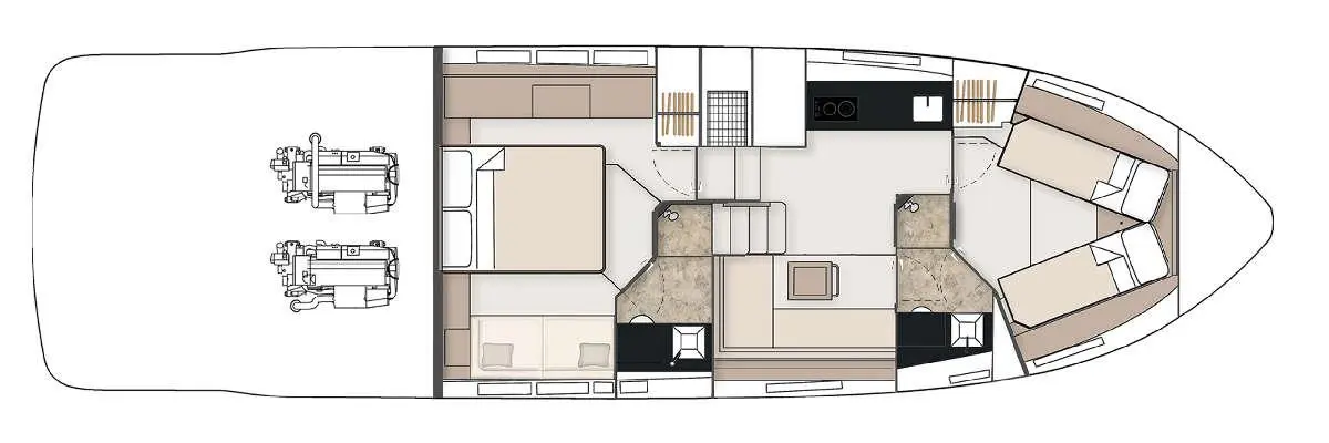 Layout of a yacht interior featuring two cabins, a galley, and a saloon area with seating and a dining table.